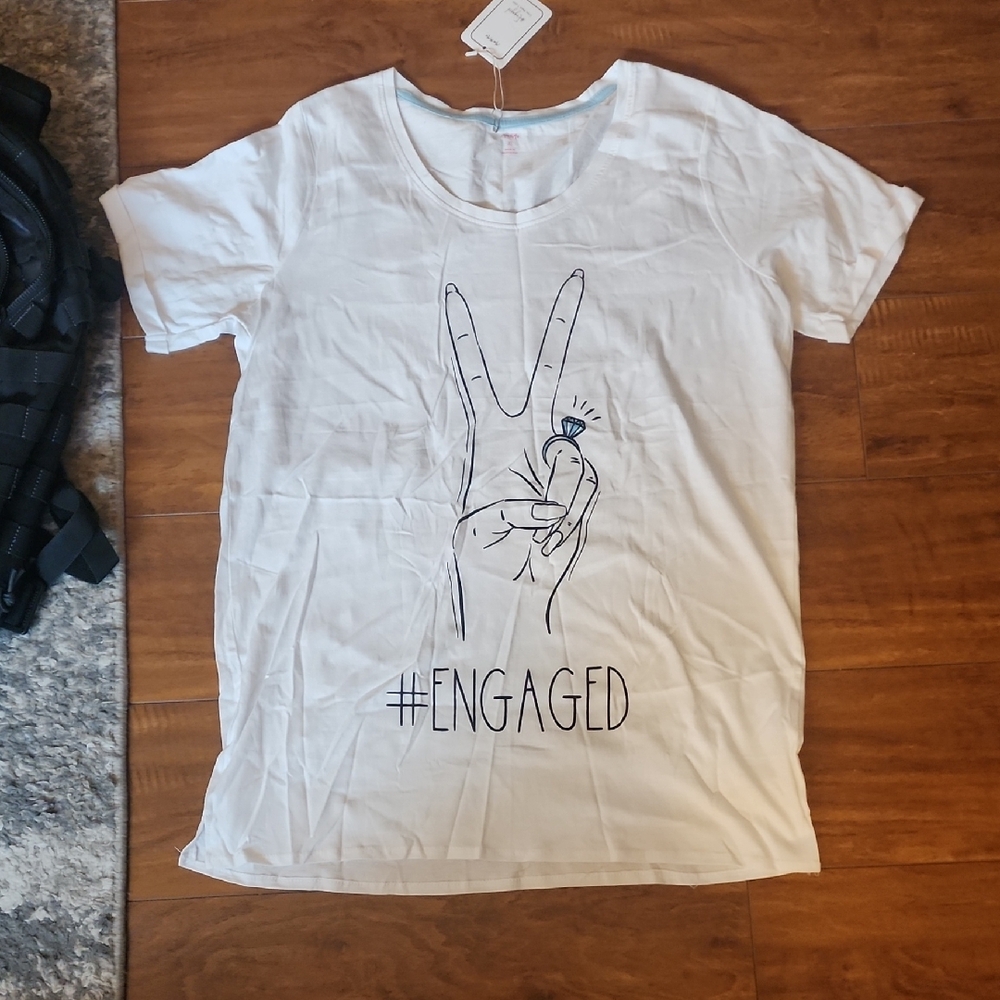 White Graphic Tee with Peace Sign and #ENGAGED